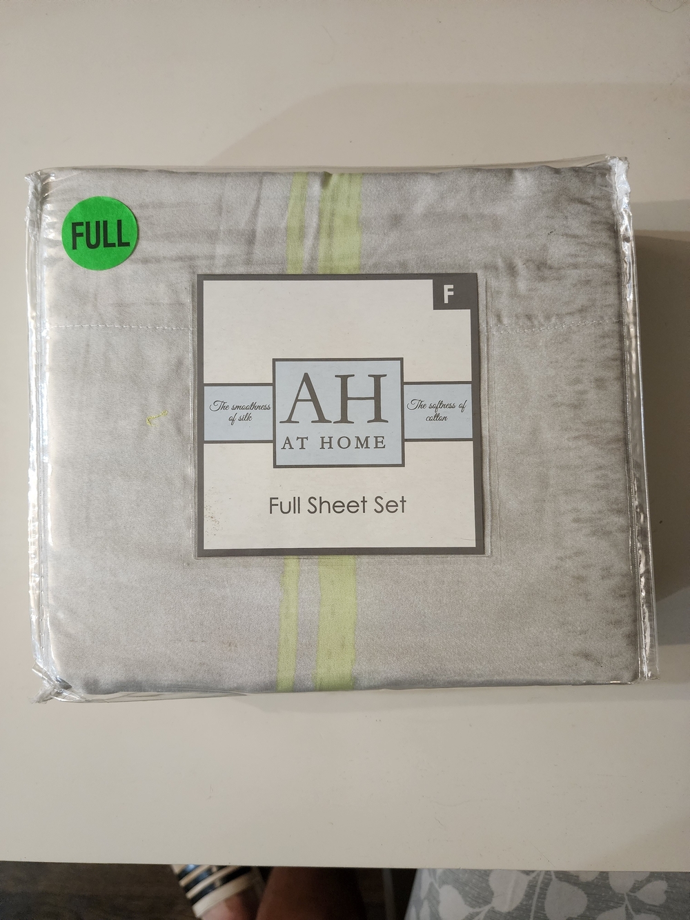 AH At Home Full Sheet Set in Light Gray with Lime Stripe NWT